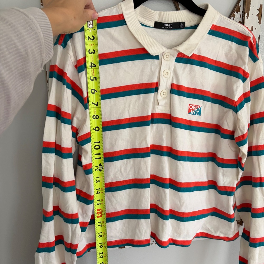 Obey Glenview Top striped long-sleeve cropped polo shirt size Large - Picture 6 of 8